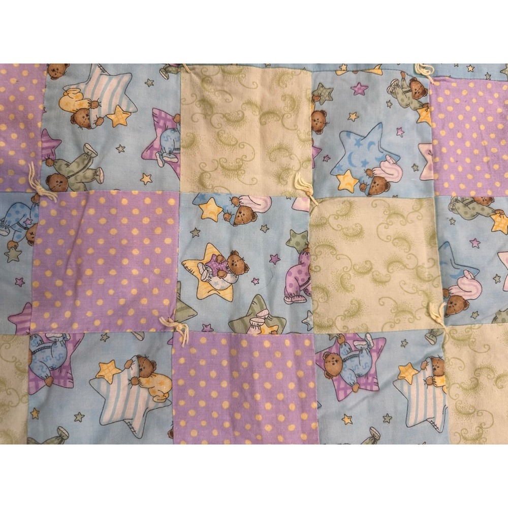 Vintage Baby Quilt Patchwork Teddy Bear Stars Moon Blue Purple Nursery Blanket